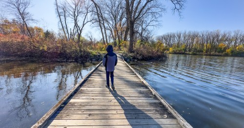 a child wearing a winter jacket walking over a floating boardwalk with water on both sides and autumn trees in the background