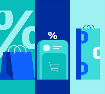 رسم توضيحي لأكياس التسوق وتطبيق الهاتف