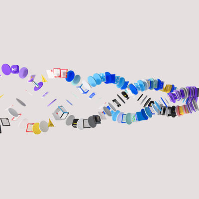 3D render of multiple objects and flat circles in spiral shape