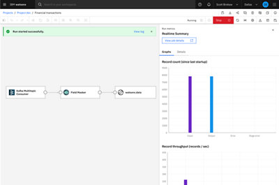 変換実行中の様子を示す、IBM watsonx.data integrationのリアルタイム・データ・パイプラインのインターフェース