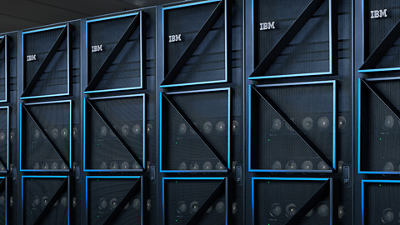 Row of IBM servers in datacenter