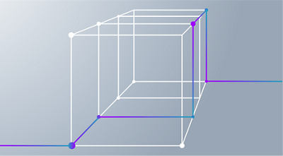 Illustration a 3D square with white, red, blue and purple lines