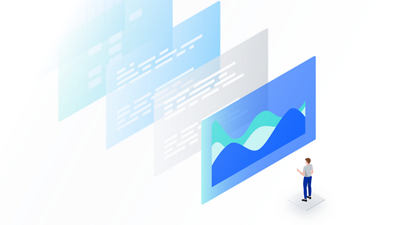 Digital illustration of icon man standing in front of four dashboards