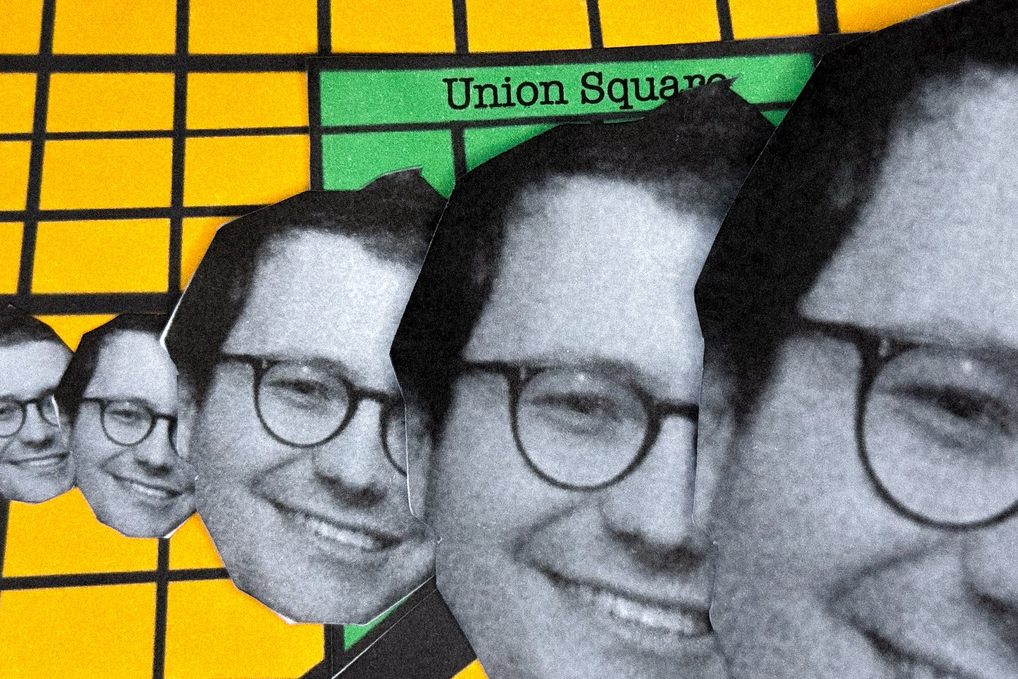 A sequence of five black-and-white cutout faces with glasses and smiles overlaps on a yellow grid map with "Union Square" labeled in green.