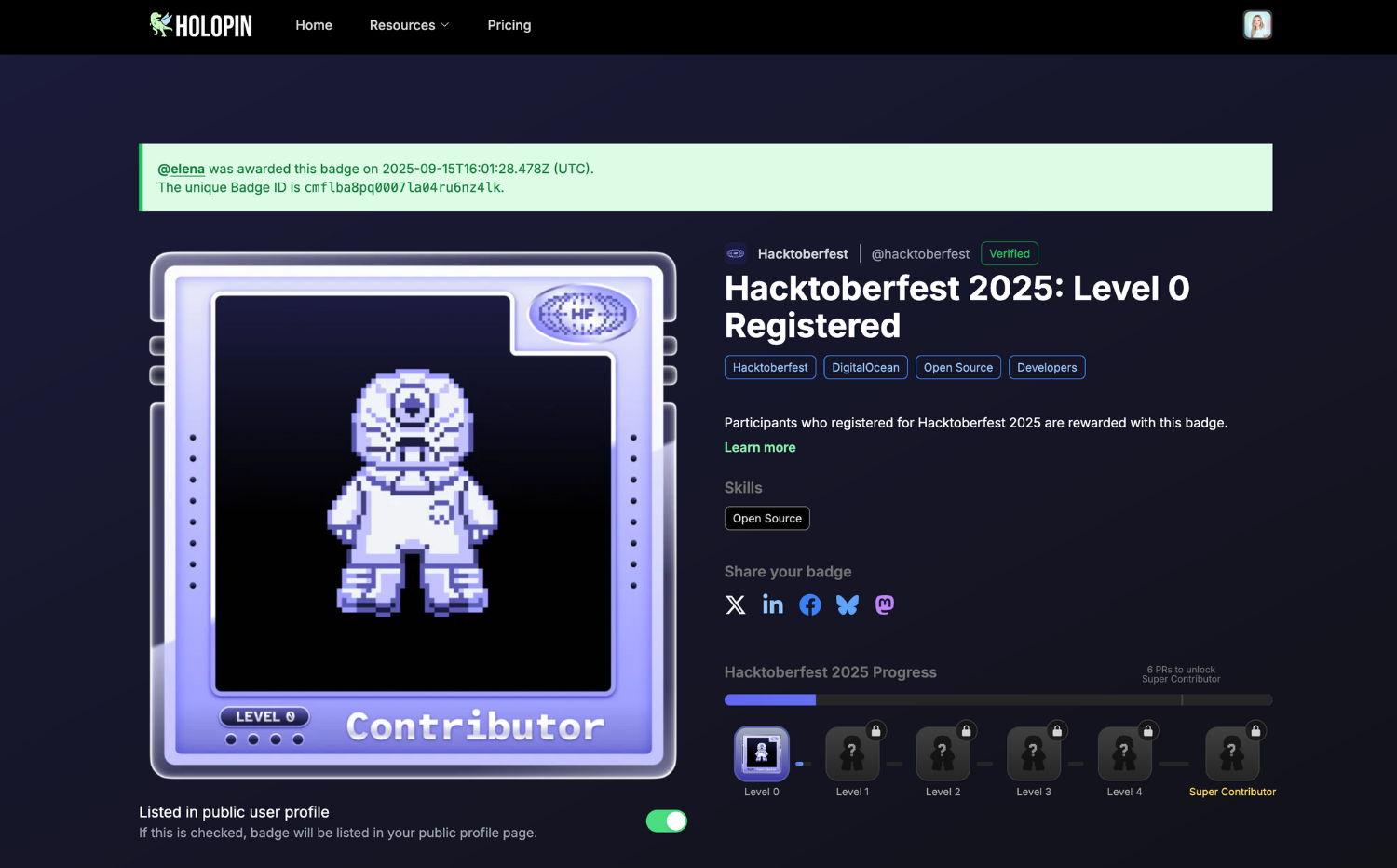 Image of Hacktoberfest 2025 Registration badge on a user's profile