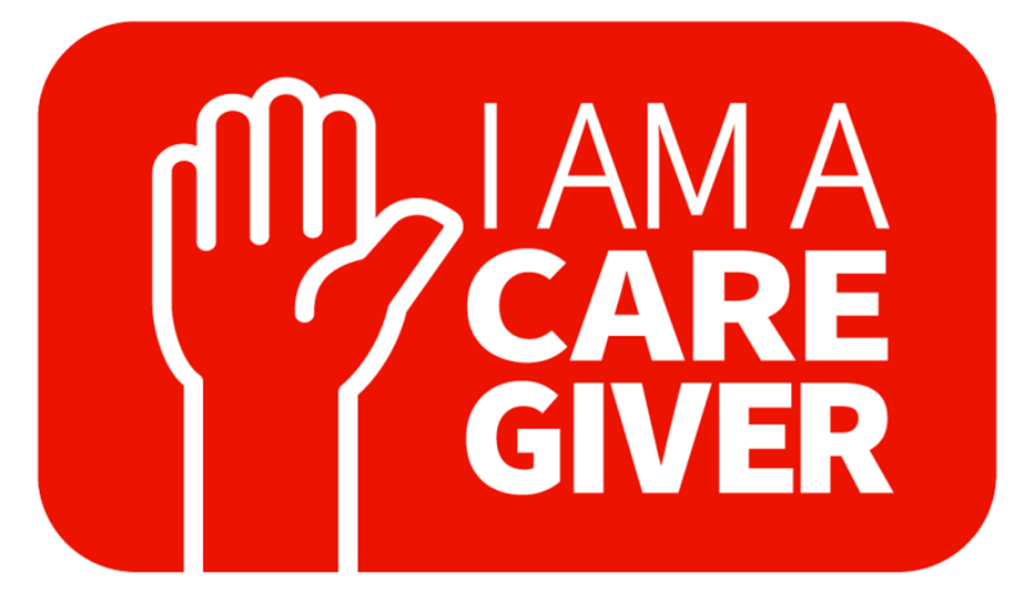 a red and white logo with a hand raised and text saying i am a caregiver