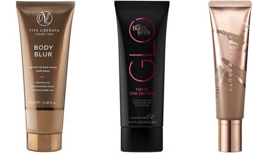 Vita Liberata Body Blur Instant HD Skin Finish; Bondi Sands Glo Matte Cream One Day Tan; Fenty Beauty by Rihanna Body Sauce Body Luminizing Tint