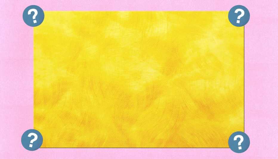 yellow textured rectangle with a question mark in each corner