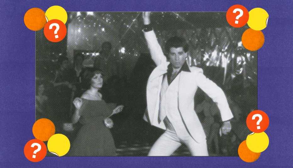 Man and woman dancing, surrounded by orange, yellow and red circles with question marks in them