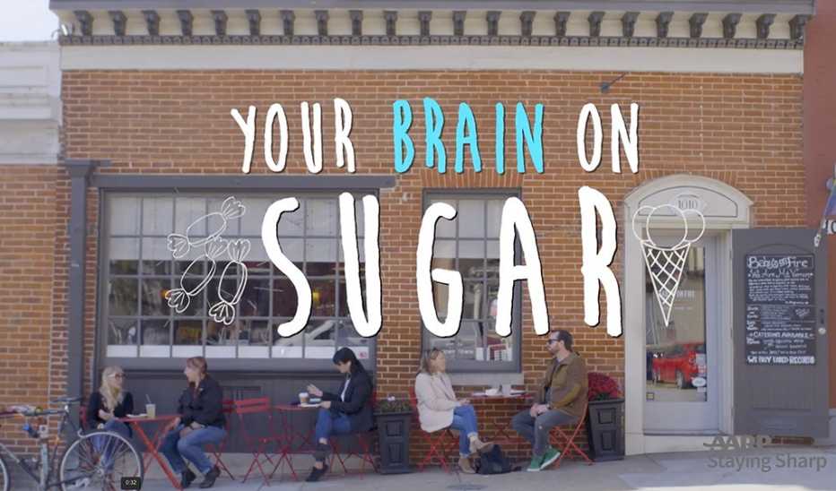 People sitting outside a restaurant with "Your Brain on Sugar" text