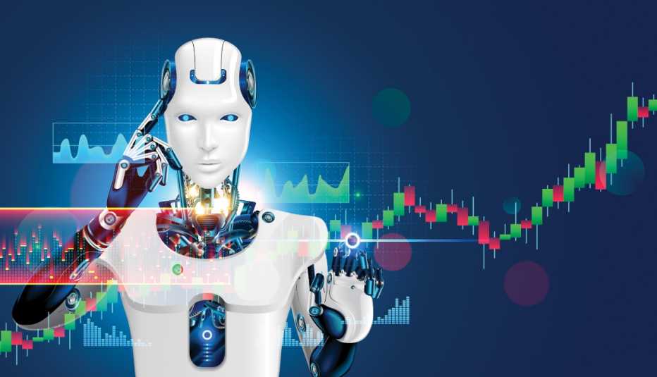 Illustration of an artificial intelligence bot analyzing financial data