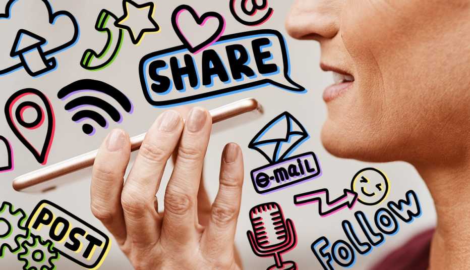 a woman speaking into a phone with images of voice control options on phones such as wifi email navigation sharing 