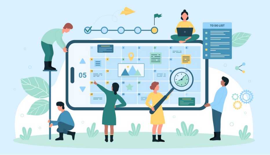 mobile calendar app with people using it for various scheduling and production tasks