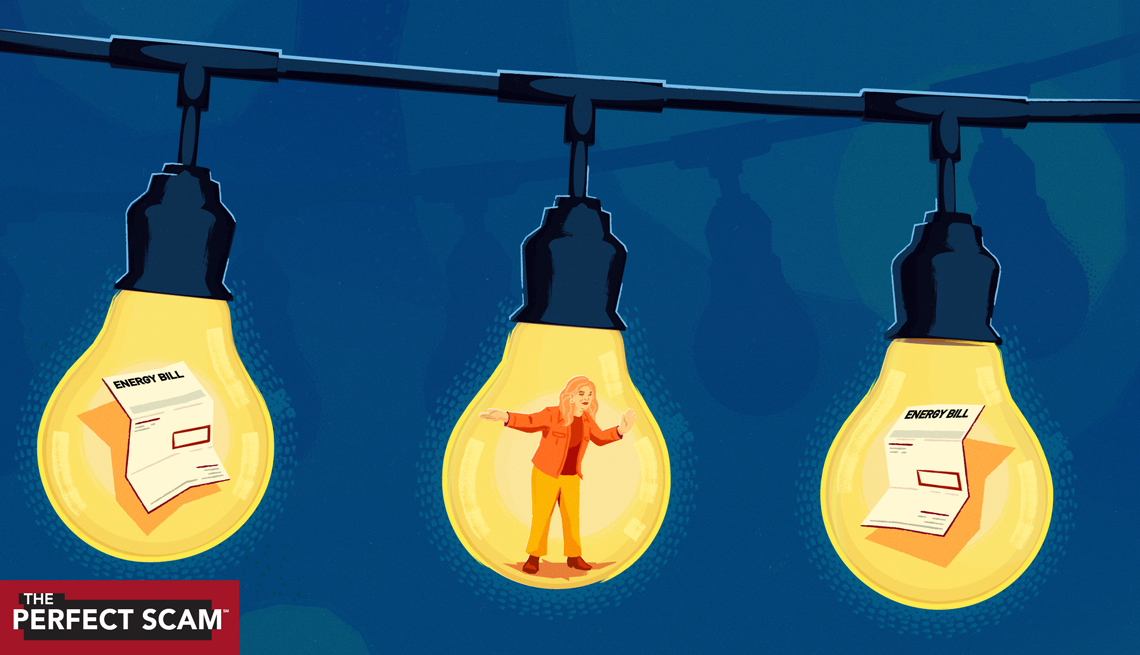 a woman and two bills are inside three light bulbs