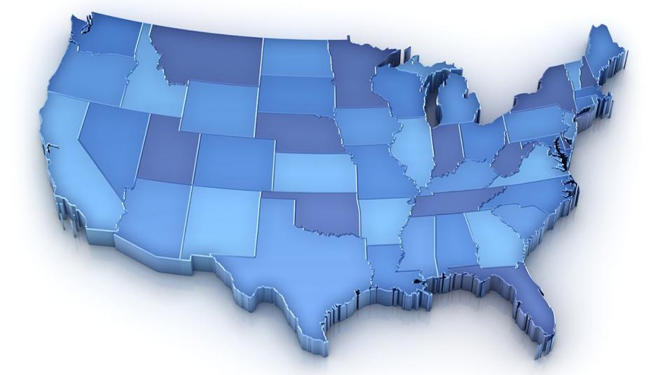 3D map of the continental United States without state names.
