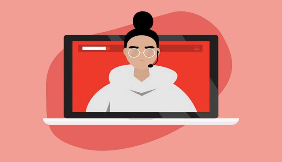 computer screen displaying a woman wearing glasses and a headset