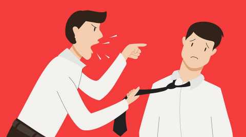 an illustration of a man in a work shirt yelling at another man in a work shirt on a red background