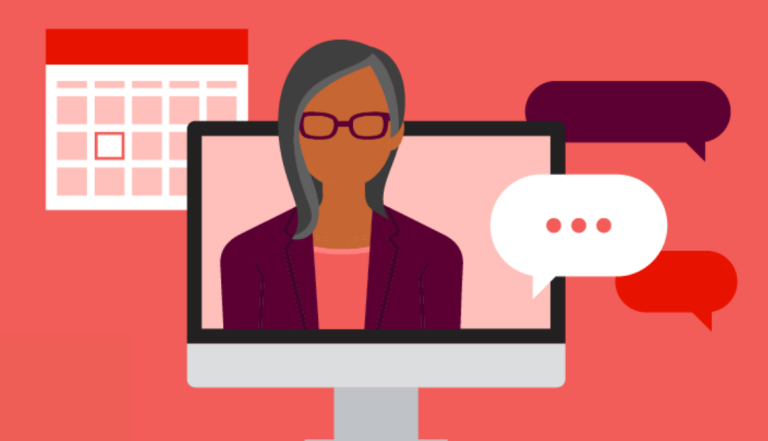 a red and white illustration showing a woman in a monitor flanked by a word bubble and a calendar