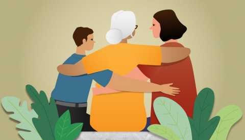 Ilustración de una abuela abrazando a su hija y nieto