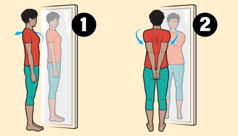 Ilustración de una mujer observando su postura en un espejo de cuerpo completo