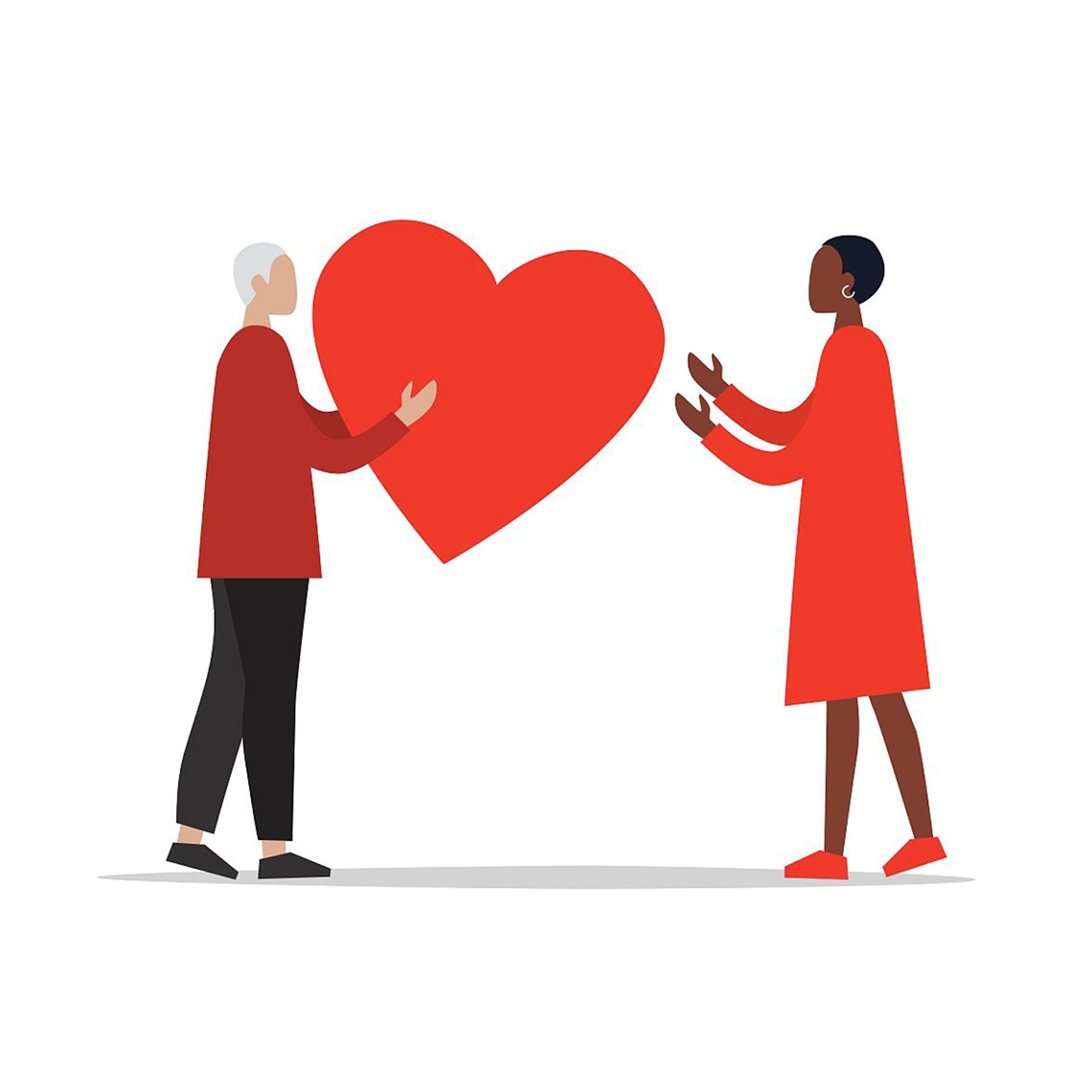 Illustration of an older white man passing a heart to African American woman 