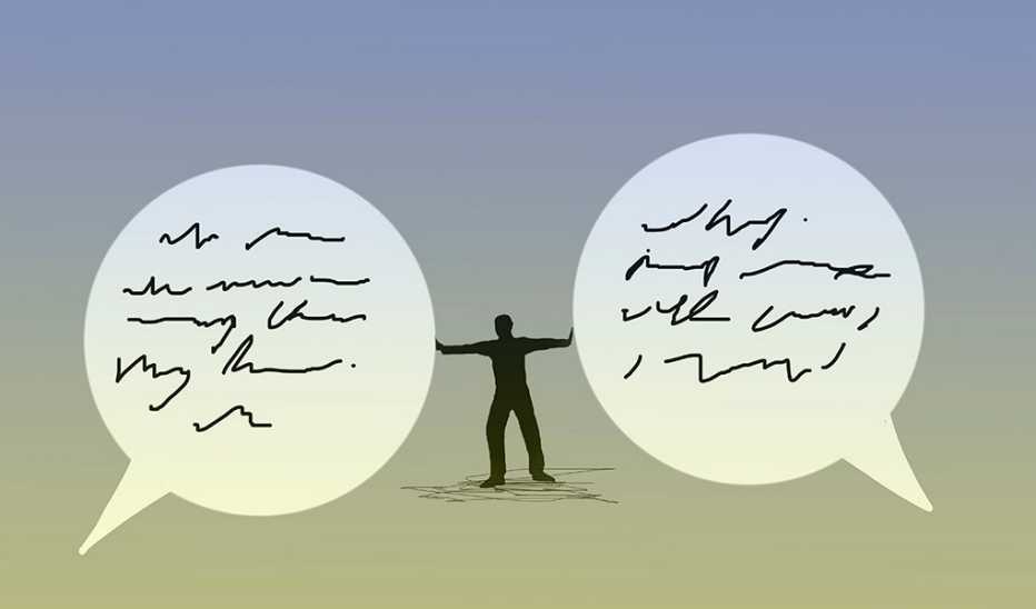 An illustration of a man pushing two speech bubbles apart