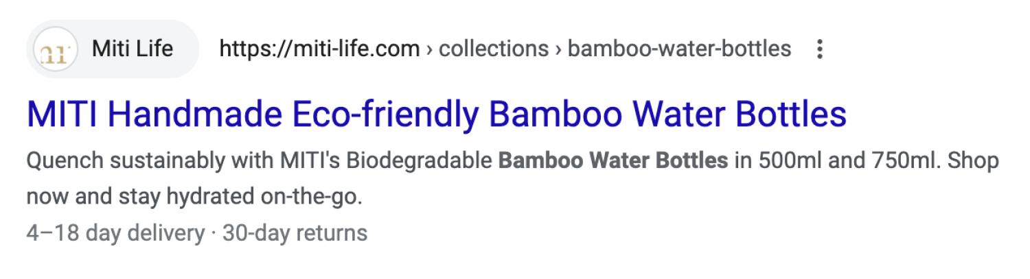 Meta popis Miti Life pro ručně vyráběné ekologické bambusové láhve na vodu v SERP.