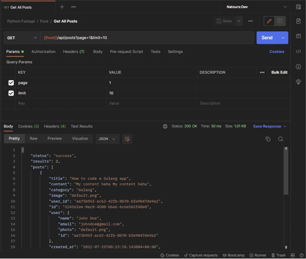 python, fastapi, postgresql, pydantic, and sqlalchemy crud restful api fetch all posts