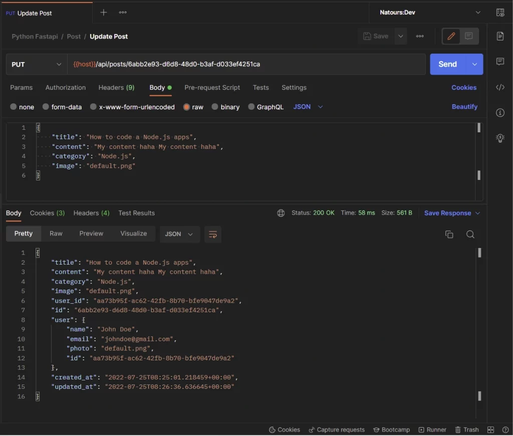 python, fastapi, postgresql, pydantic, and sqlalchemy crud restful api update a post