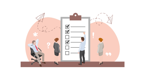 Four people working through a checklist