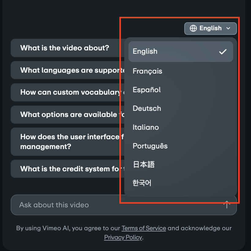 Die Benutzeroberfläche von Ask Vimeo AI zeigt ein Dropdown-Menü zur Sprachauswahl in der oberen rechten Ecke. Das Dropdown-Menü für die Sprache „englisch“, das offen und rot umrandet ist, zeigt eine Liste der verfügbaren Sprachen an, darunter Englisch, Français, Españal, Deutsch, Italo, Portugiesisch, 日本語 und 敜法