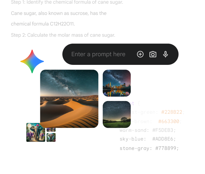 An abstract illustration of a Gemini prompt bar with example images, code, and research.
