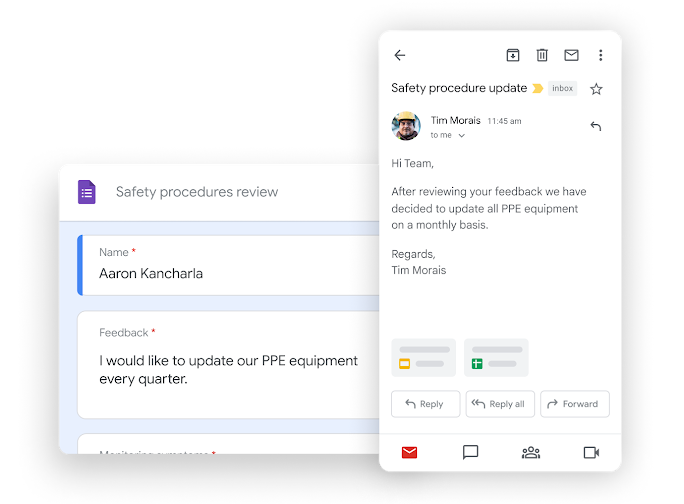 Illustration graphique de Workspace – des collègues modifient des documents tout en participant ensemble à un appel Google Meet