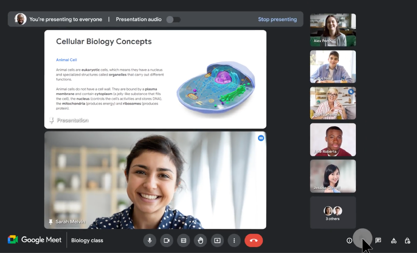 A teacher has pinned their presentation on cellular biology concepts in Google Meet so that just the teacher and their presentation show in the center of the Google Meet screen for students.