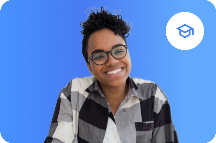 A smiling university student against a solid background, with an icon of a graduation cap floating over her shoulder