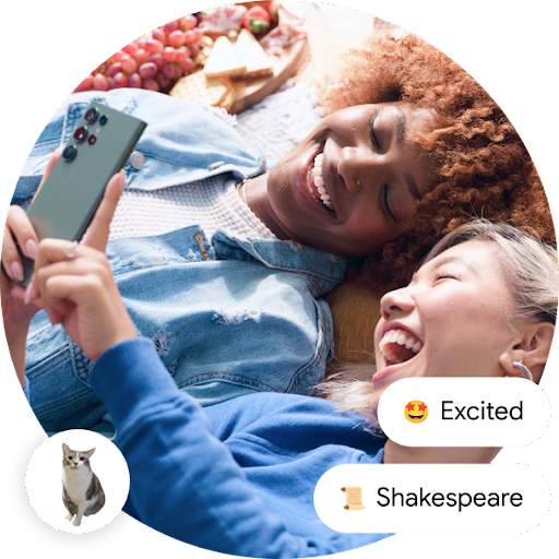 Une image de deux personnes couchées l'une à côté de l'autre. Elles regardent un téléphone Android. Il y a une icône de chat dans le coin inférieur gauche et deux bulles de clavardage à droite.