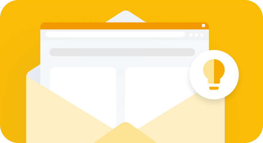 Illustration of a browser window emerging from an envelope with a lightbulb icon.