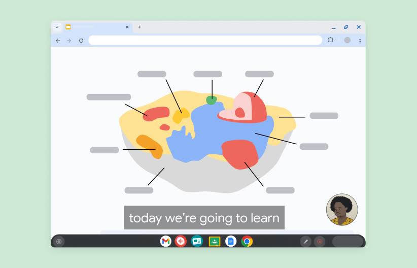 Chromebook screen showing a recorded lesson with a diagram of a cell. A caption say, “today we’re going to learn”