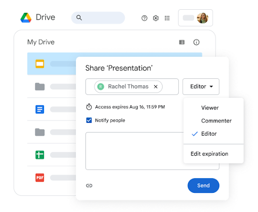 從「雲端硬碟」分享檔案，將存取權變更為編輯者並加上到期日

