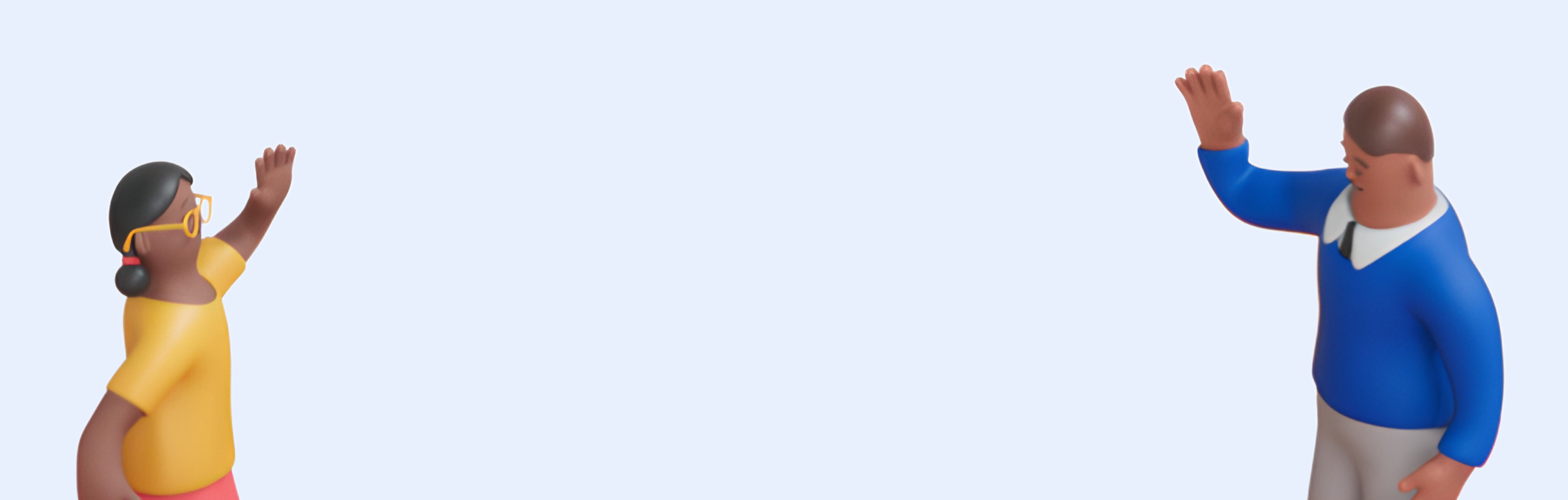 A 3D-animated woman and a 3D-animated man waving.