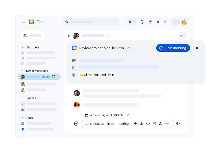 Google Chat showing an upcoming Google Calendar meeting and a link to join.
