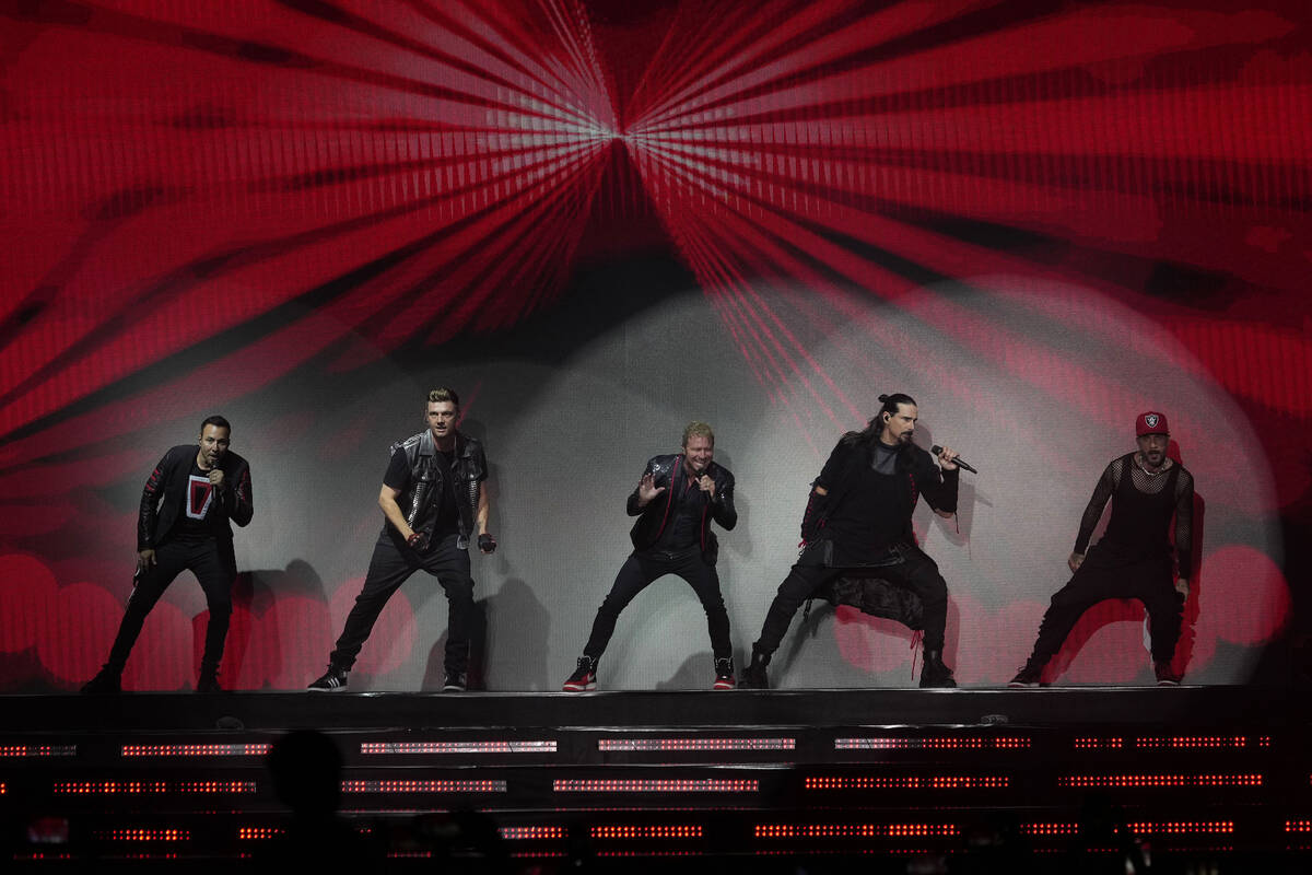 Members of Backstreet Boys perform at DNA World Tour 2023 in Mumbai, India, Thursday, May 4, 20 ...