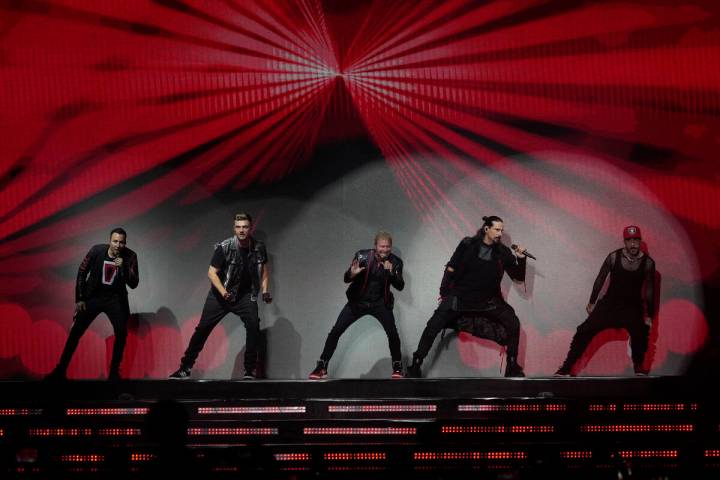 Members of Backstreet Boys perform at DNA World Tour 2023 in Mumbai, India, Thursday, May 4, 20 ...