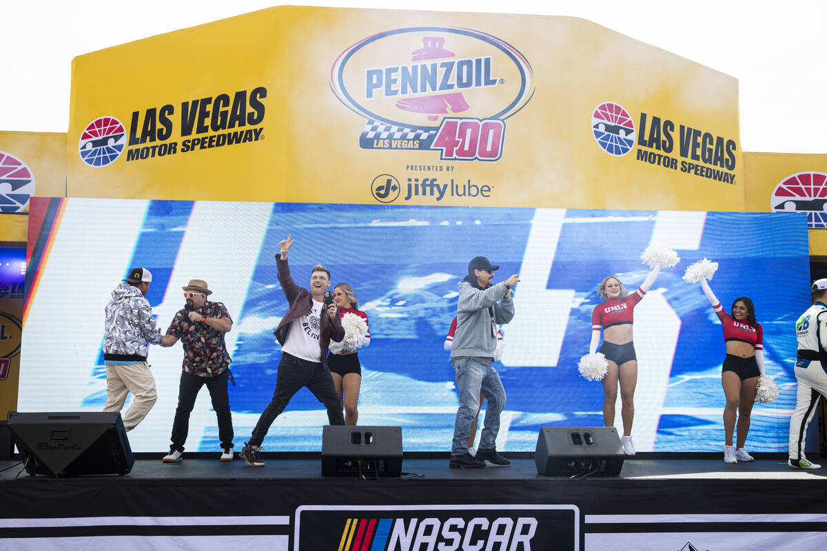 Members of the Backstreet Boys join driver John Hunter Nemechek for his introduction before the ...