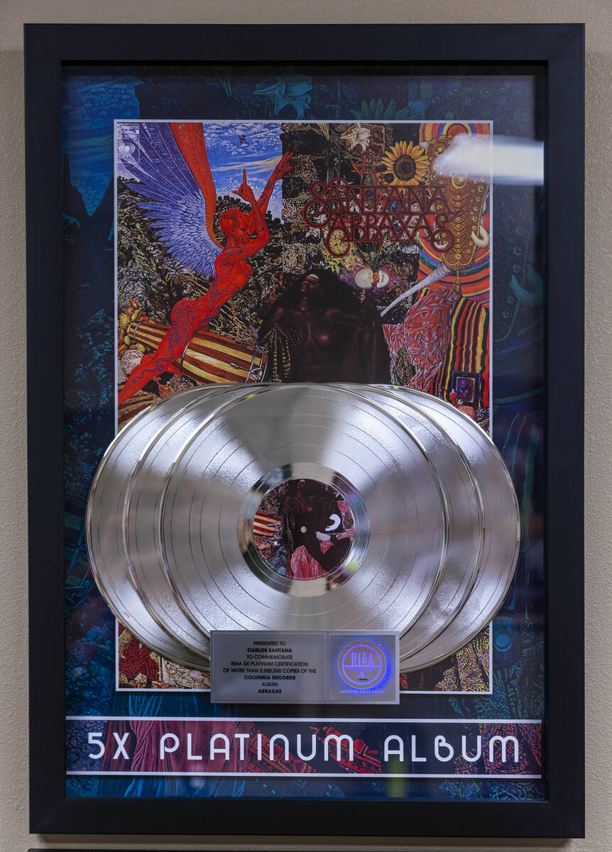 An RIAA 5X Platinum Certification for the album Abraxas on the wall of Carlos Santana’s o ...
