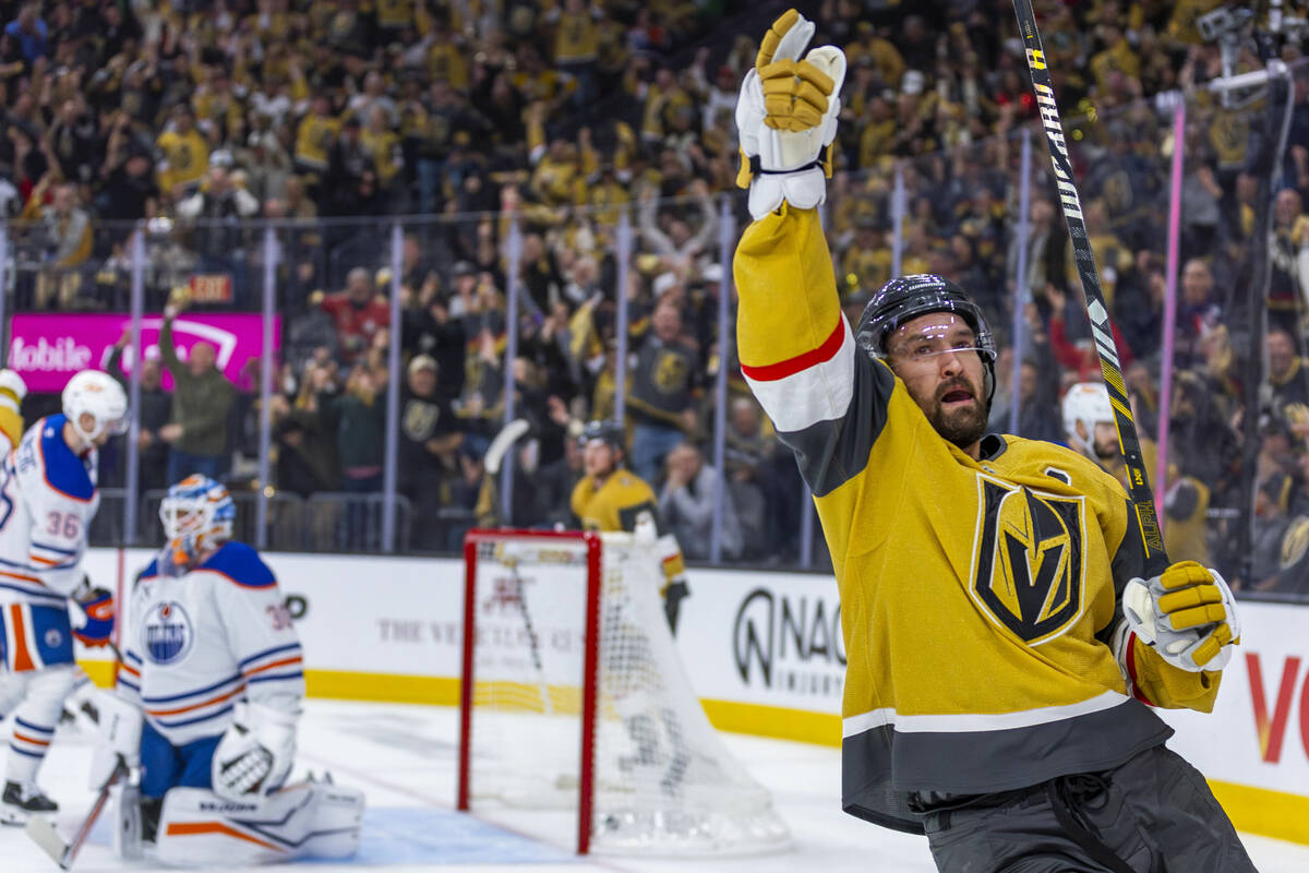 Golden Knights right wing Mark Stone (61) celebrates his second goal of the night against Edmon ...