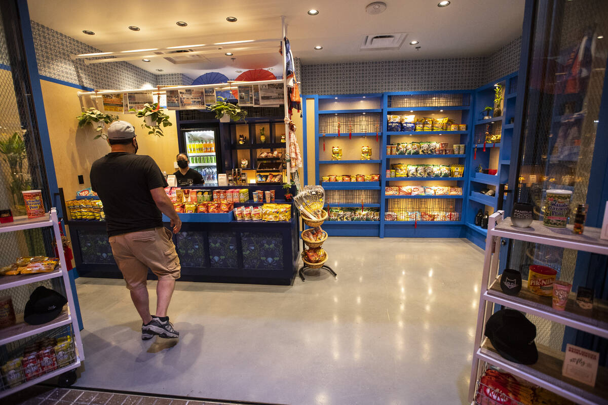 The entrance to the Resorts World Las Vegas speakeasy Here Kitty Kitty Vice Den, in Las Vegas, ...