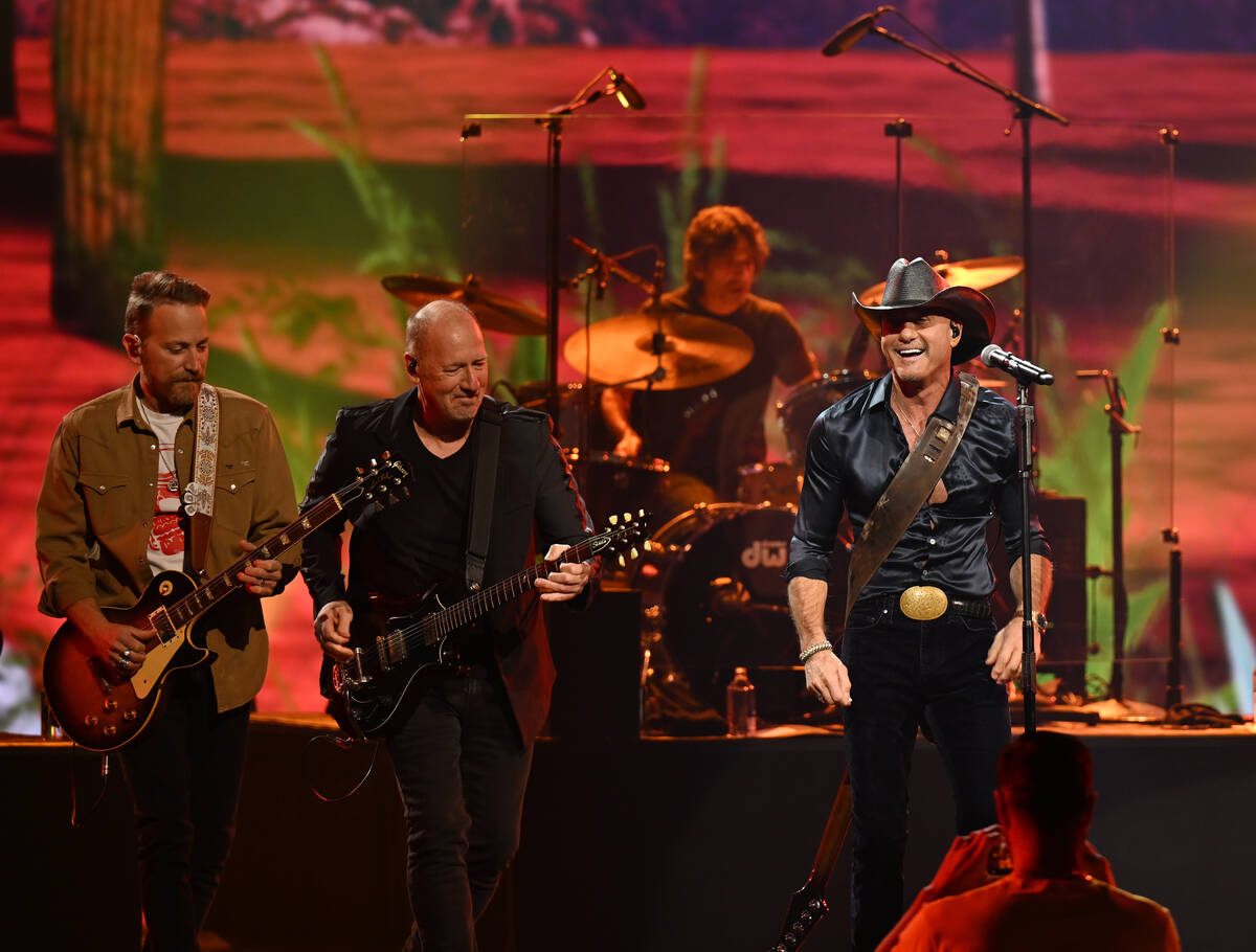 Tim McGraw is shown in his opener at the Colosseum at Caesars Palace on Thursday, Dec. 4, 2025. ...