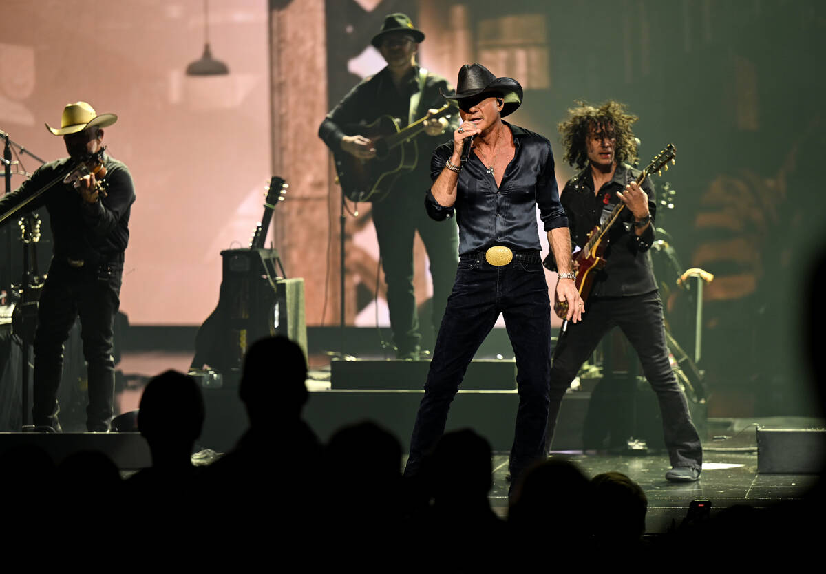 Tim McGraw is shown in his opener at the Colosseum at Caesars Palace on Thursday, Dec. 4, 2025. ...