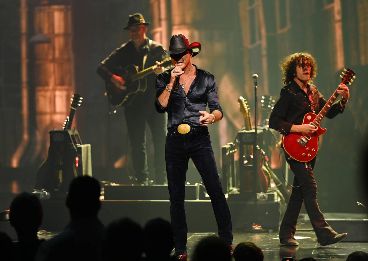 Tim McGraw is shown in his opener at the Colosseum at Caesars Palace on Thursday, Dec. 4, 2025. ...